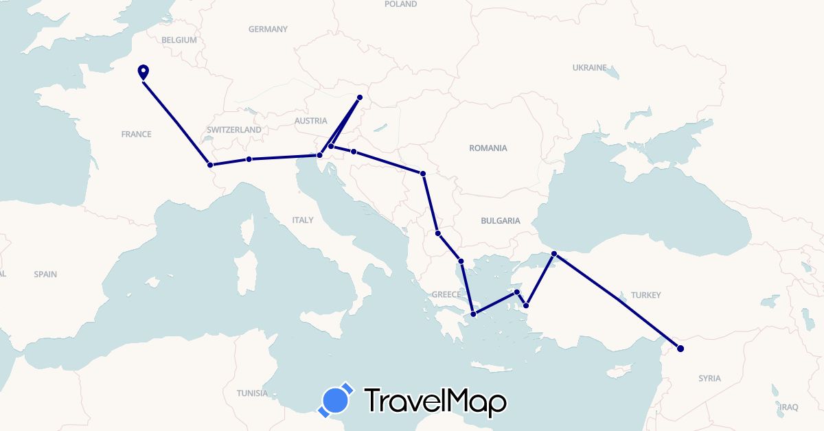 TravelMap itinerary: driving in Austria, France, Greece, Croatia, Italy, Macedonia, Serbia, Slovenia, Syria, Turkey (Asia, Europe)